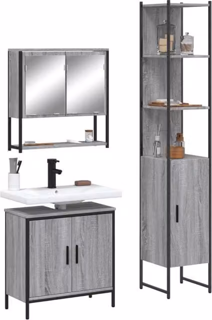 Berkfield Home 3 Piece Grey Matt Bathroom Furniture Set with Mirror Cabinet and Vanity Unit – 1