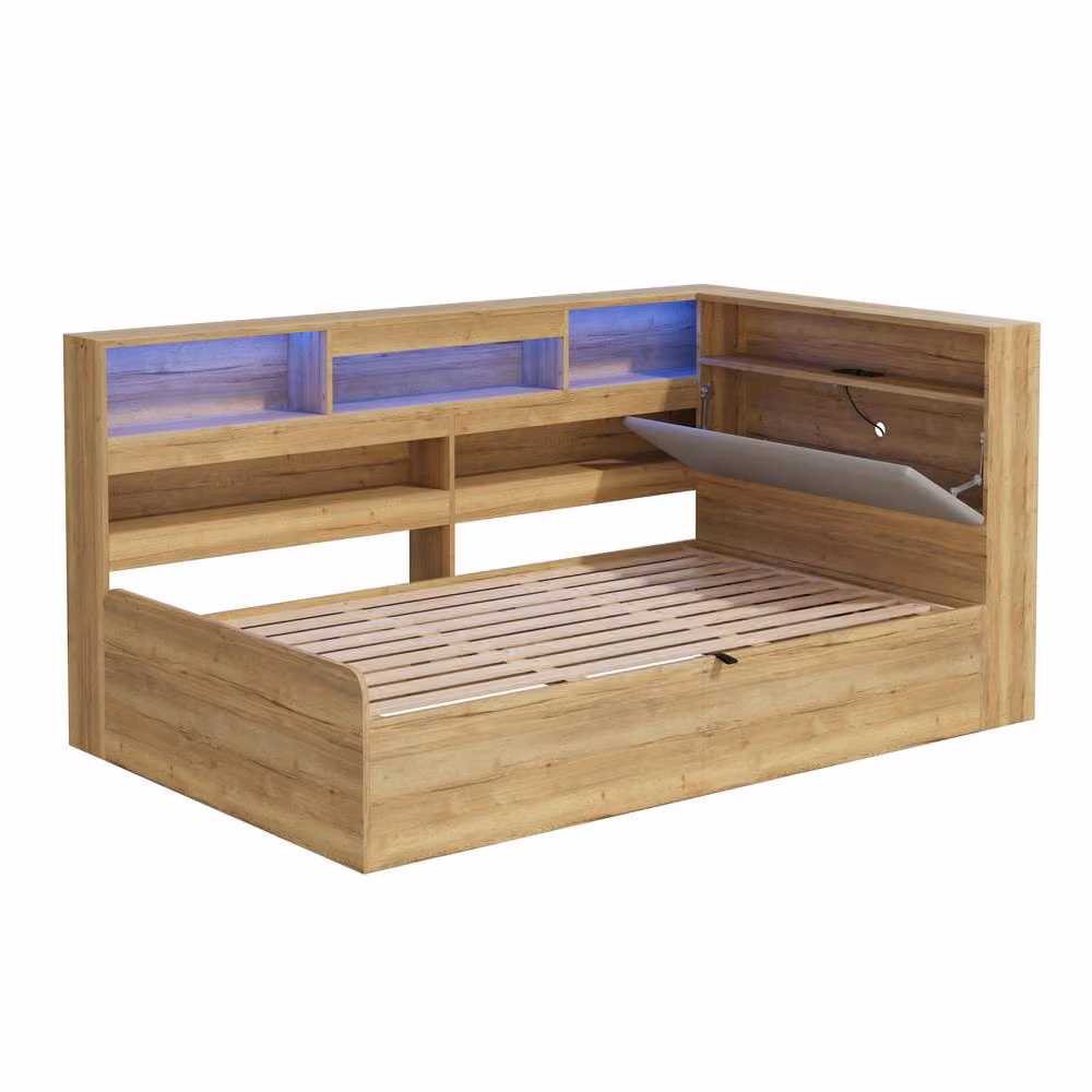 Matteo Childrens Wooden Daybed with Hydraulic Storage, USB Charging Port and LED Lighting, Sand or Brown, W/D/H: 90 x 200 cm – 5