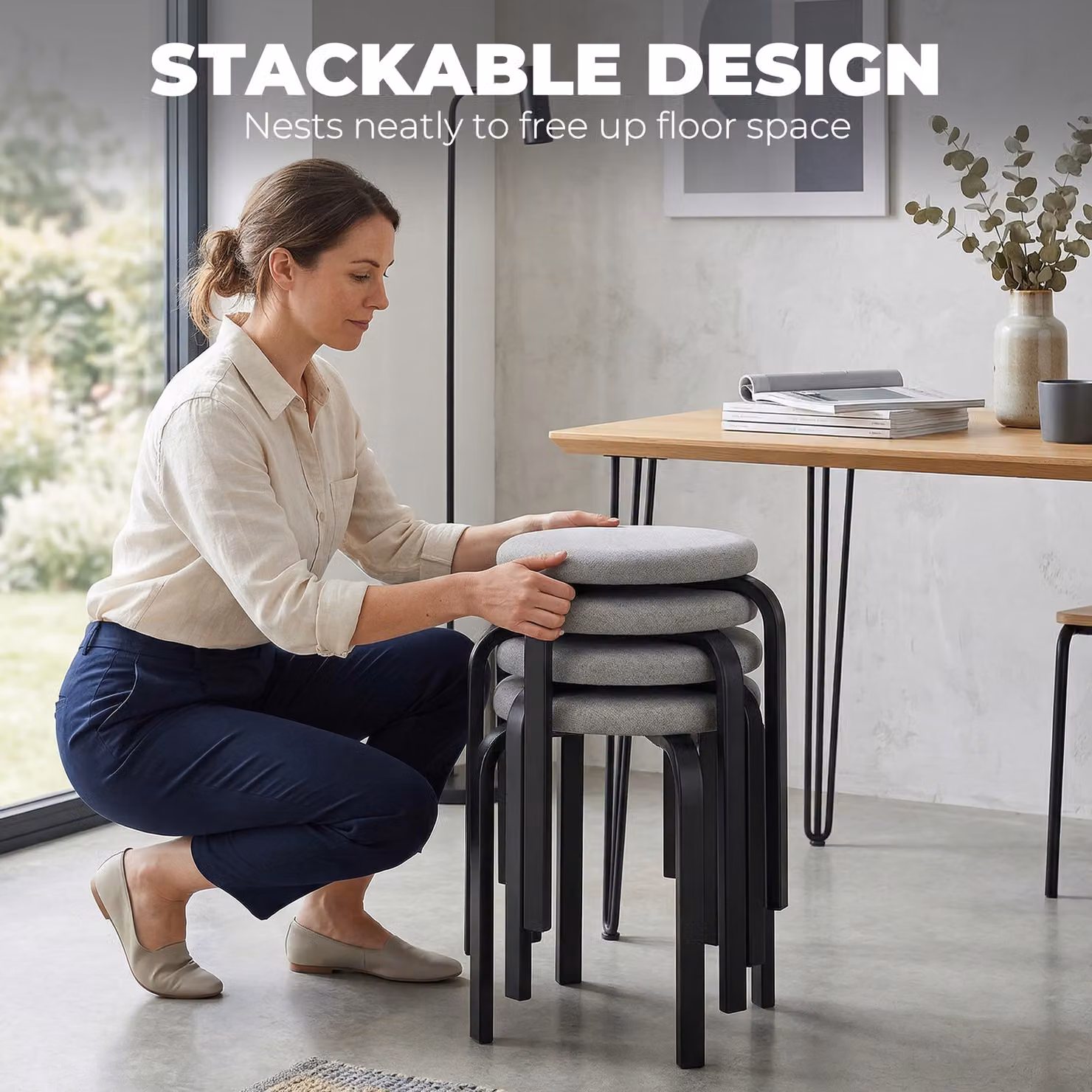 HOMCOM Set of 4 Modern Stackable Round Backless Stools with Grey Fabric Cushions and Metal Frames – 5