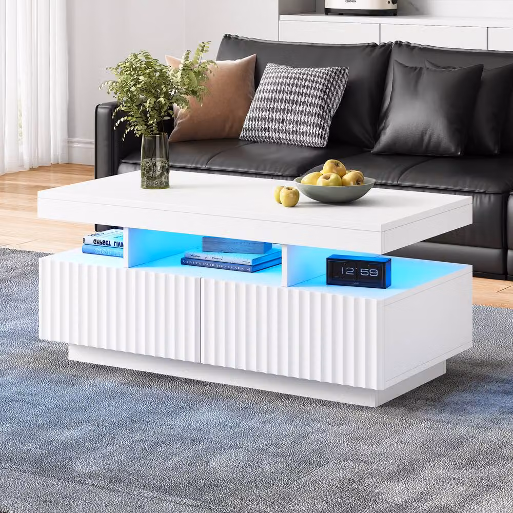 Rolipo White Ribbed Coffee Table with LED Lights and 2 Drawers – 5