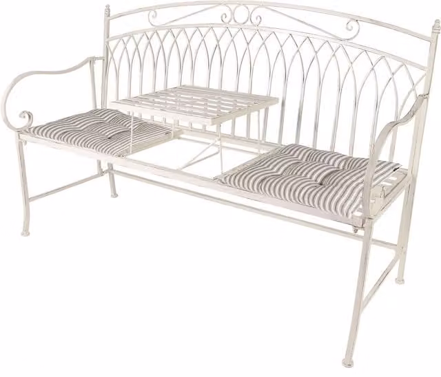 Dibor Vintage Large Cream Arched Metal Garden Companion Seat with Grey Cotton Seat Pad Cushions – 1