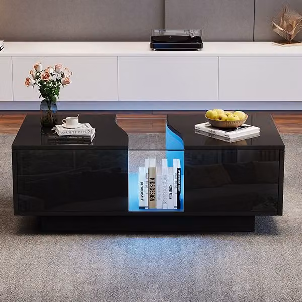 Aosom UK Modern High Gloss Coffee Table with 2 Storage Drawers and Customisable LED Lights, Black, W: 100 cm, D: 50 cm, H: 35 cm – 6
