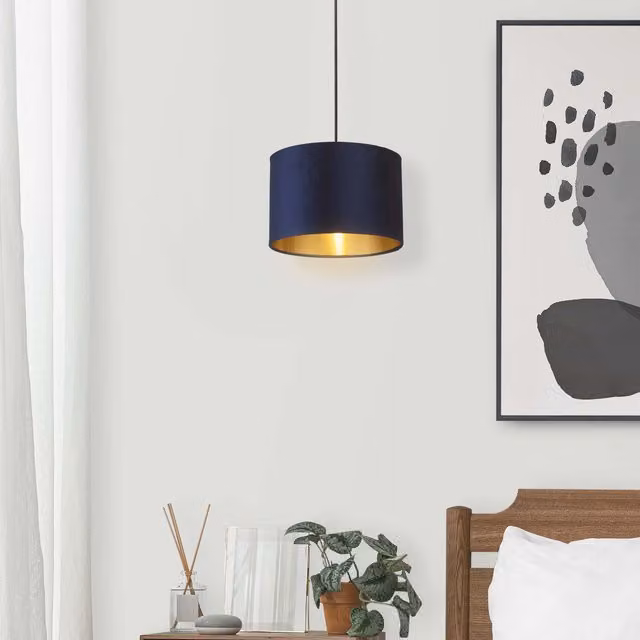 Lighting Collection Navy Blue Velvet Drum Lamp Shade with Gold Inner, Diameter: 30 cm – 1