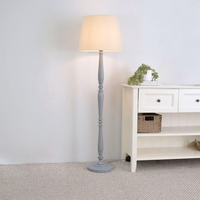 ValueLights Grey Wood Floor Lamp with Fabric Tapered Shade and LED Bulb
