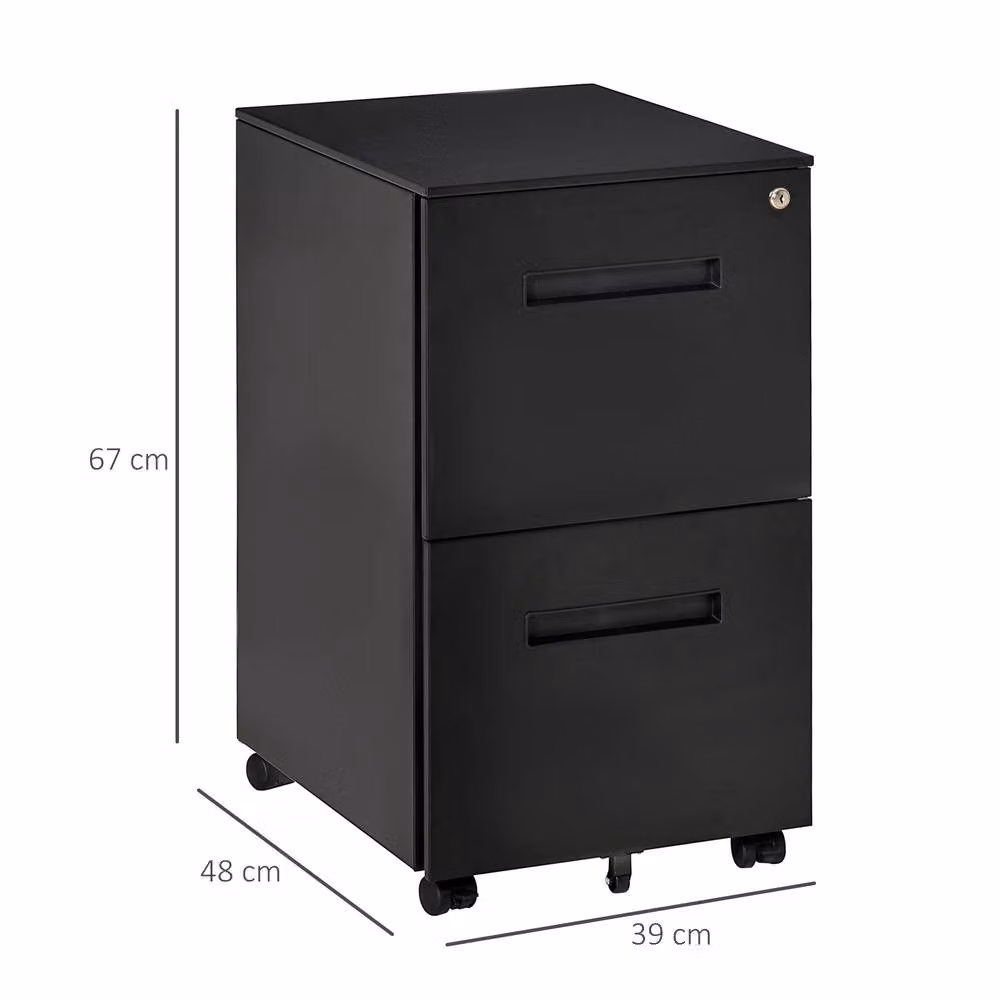 STILVORA Black 2 Drawer Metal Filing Cabinet with Lock and Castors – 3