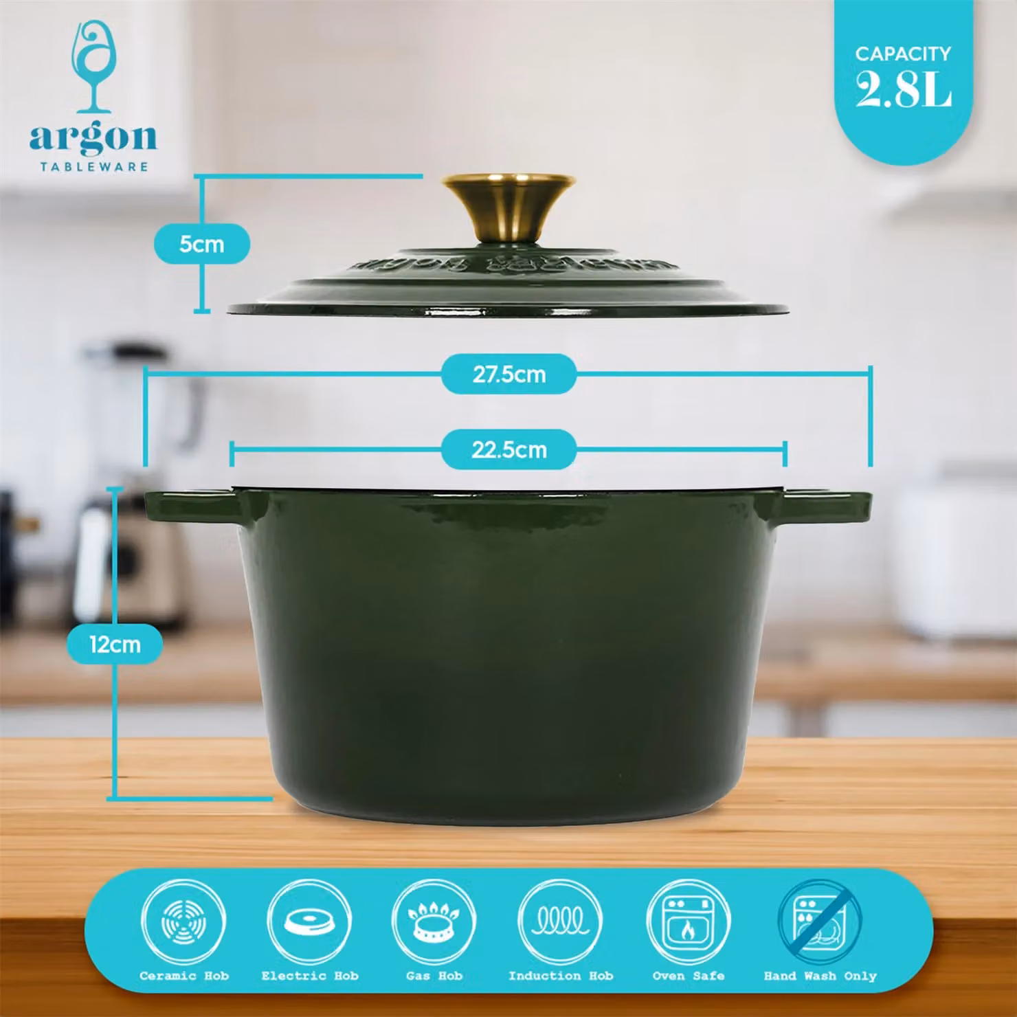 Argon Tableware 2x Round Cast Iron Casserole Dishes with Self Basting Lids, Green, 2.8l – 3