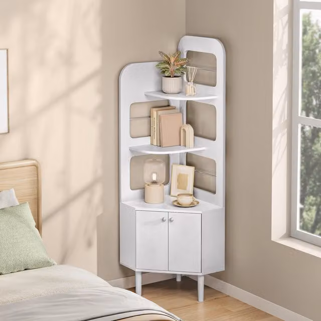 Yaheetech Corner Bookshelf Kitchen Storage Rack with Cabinet and 3 Shelves, White