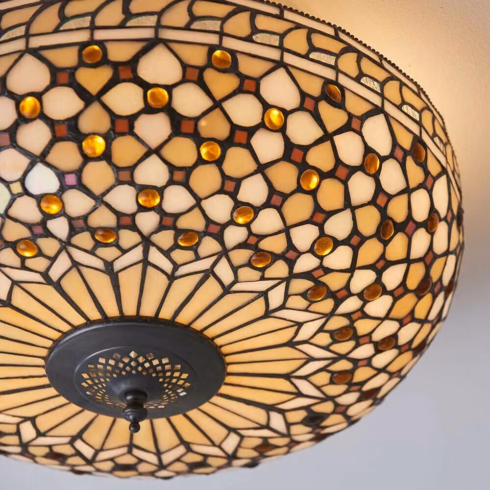 Loops Tiffany Glass Semi Flush Ceiling Light in Bronze and Multicolour Transparent Glass – 4