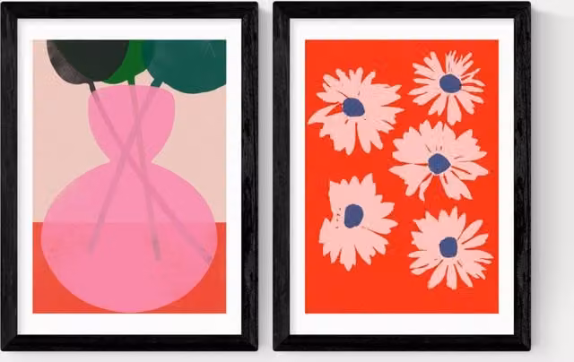 East End Prints Red and Pink Floral Botanical Illustration Framed Wall Art in Black Wood