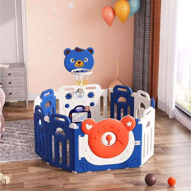 Livingandhome Foldable Baby Playpen Donut Bear Yard with Hoop, Blue and White, W: 123 cm, H: 65 cm