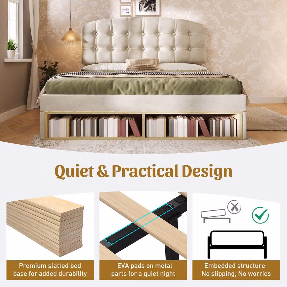 Matteo Velvet Double Bed Frame with Storage Drawers and Adjustable Headboard in Beige, W/D/H: 135 x 190 cm – 4