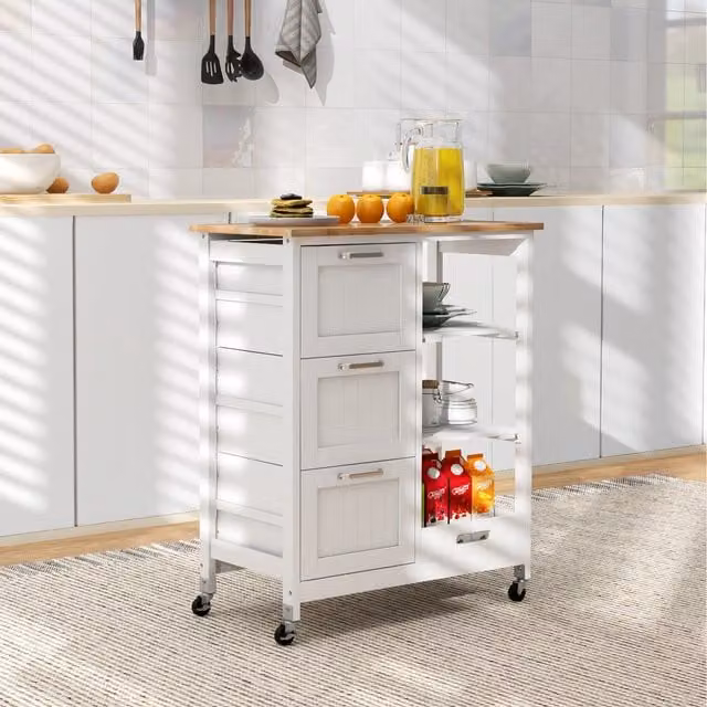 Costway Modern White Kitchen Island Rolling Cart with Wood MDF and Rubberwood Pine Finish