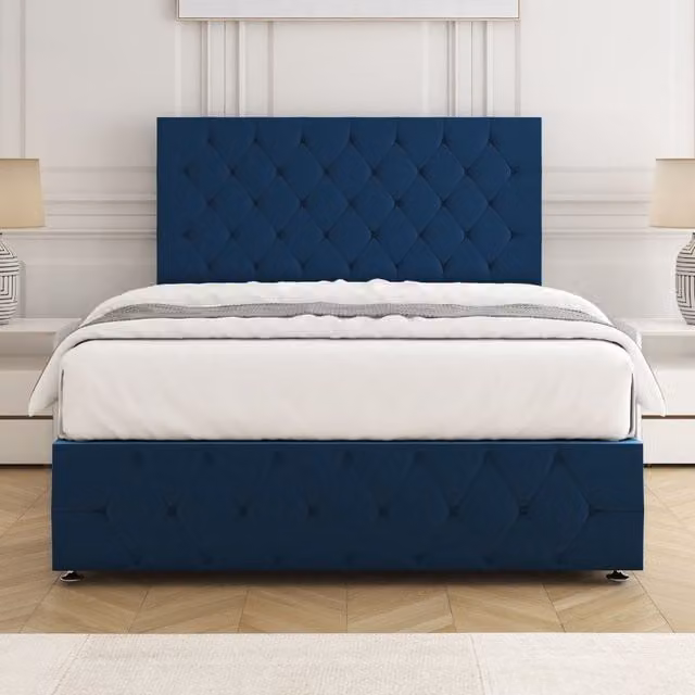 BSSPOKE Mulberry Blue Velvet Upholstered Divan Bed with 24 inch Plush Headboard and Footboard and Mattress, Double, W/D/H: 140 x 200 cm – 1