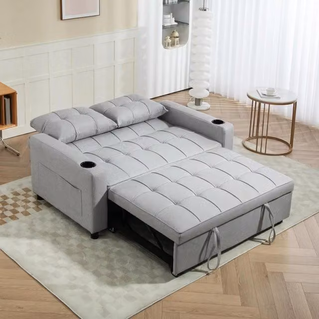 Chilli Seating Grey Fabric Two-Seater Click-Clack Pull Out Sofa Bed with Cup Holders
