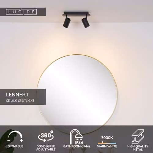 Lucide Lennert Dimmable and Adjustable Twin Ceiling Spotlight for Bathrooms, Black, GU10 LED – 3