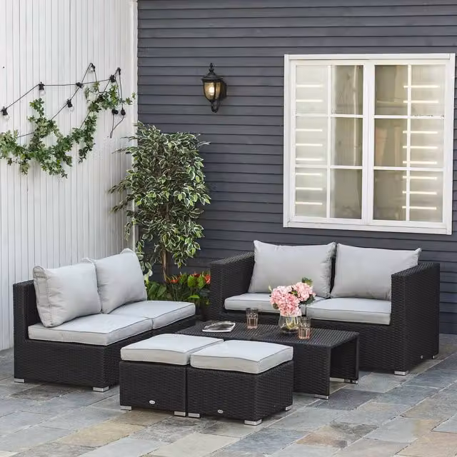Outsunny 8 Piece Modern PE Rattan and Metal Sofa Set in Black