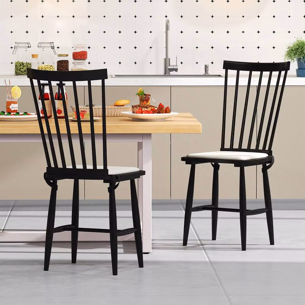 Costway Set of 2 Windsor Wooden Dining Chairs with Removable Fabric Seat Cushions in Black – 3