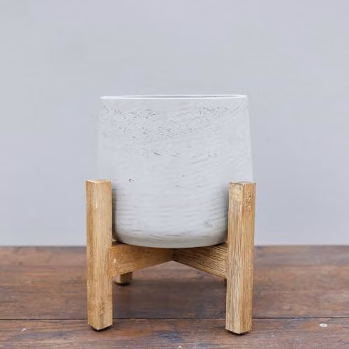 Primrose Modern Round Concrete Tabletop Planter with Wooden Stand in Beige or Grey, Diameter: 30 cm – 1