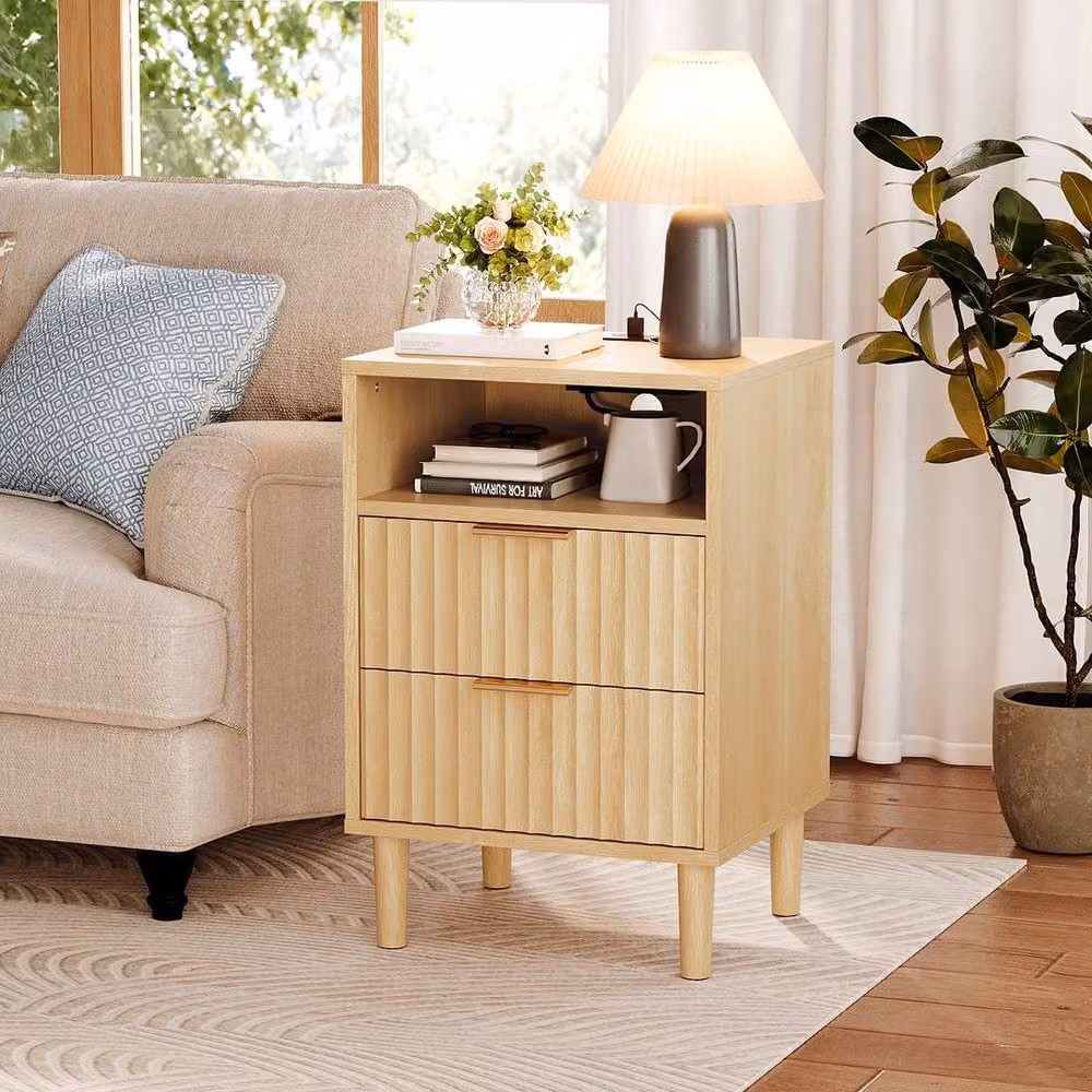 FORGEVIO Modern 2 Drawer Bedside Table with Power Supply in Natural Wood Matt Finish – 3