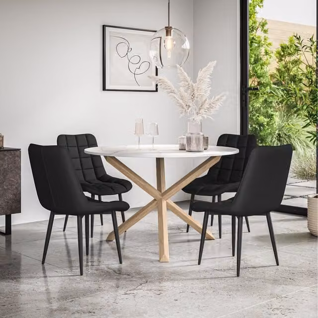 More4Homes Malvern Round Marble Effect Dining Table Set with 4 Nova Dining Chairs, Black and White with Oak Legs, W/D/H: 120 x 120 x 75 cm