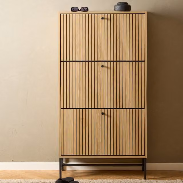 Furniture To Go Albany Shoe Cabinet with 3 Flip Down Doors in Oak and Black