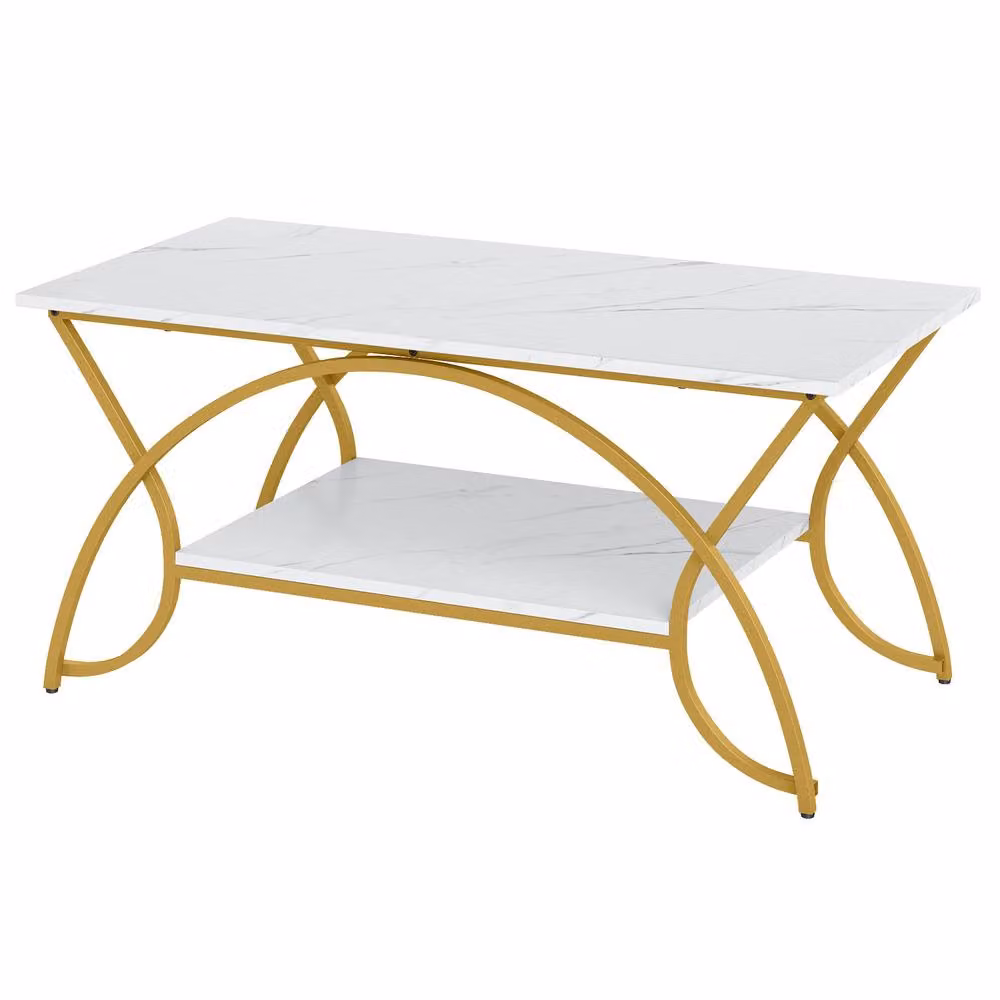 Costway Modern 2-Tier Faux Marble Coffee Table with Shelf in White and Gold – 2