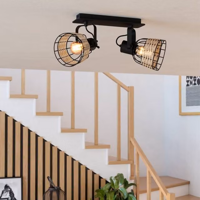 Eglo Anwick Rattan Ceiling Light Set of 2, Black and Wood Boho Style, E27