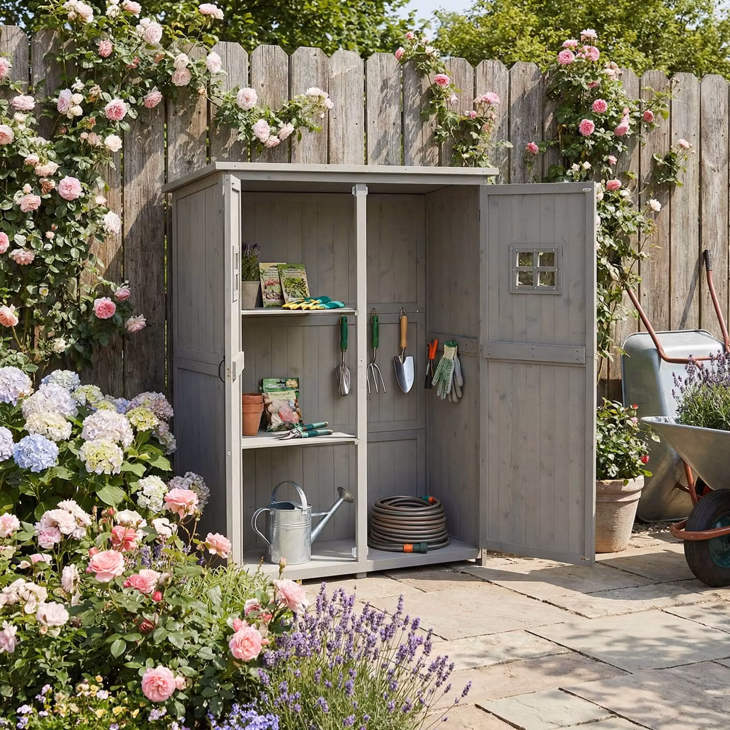 Outsunny Grey Wooden Garden Tool Storage Shed with Two Windows and Internal Shelving, W/D/H: 127.5 x 50 x 164 cm – 2