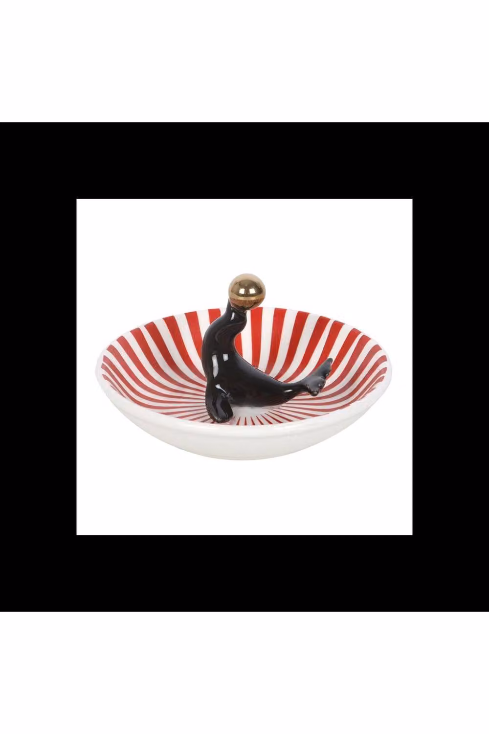 KDMD Circus Seal Ring Trinket Dish with Golden Ball on Striped Ceramic in Black, Gold, Red and White – 2