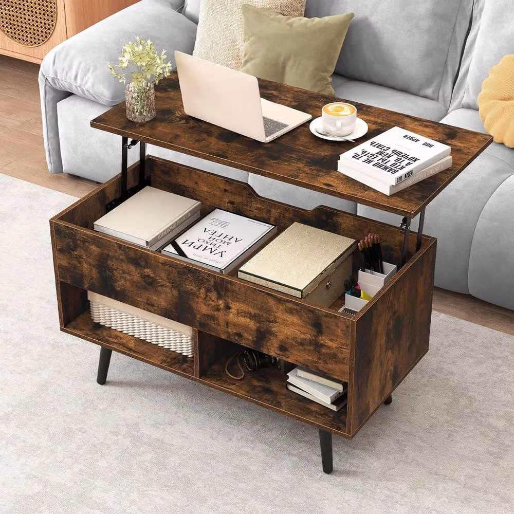 VOGREX Brown Mid-Century Rectangular Lift Top Coffee Table with Shelves – 4