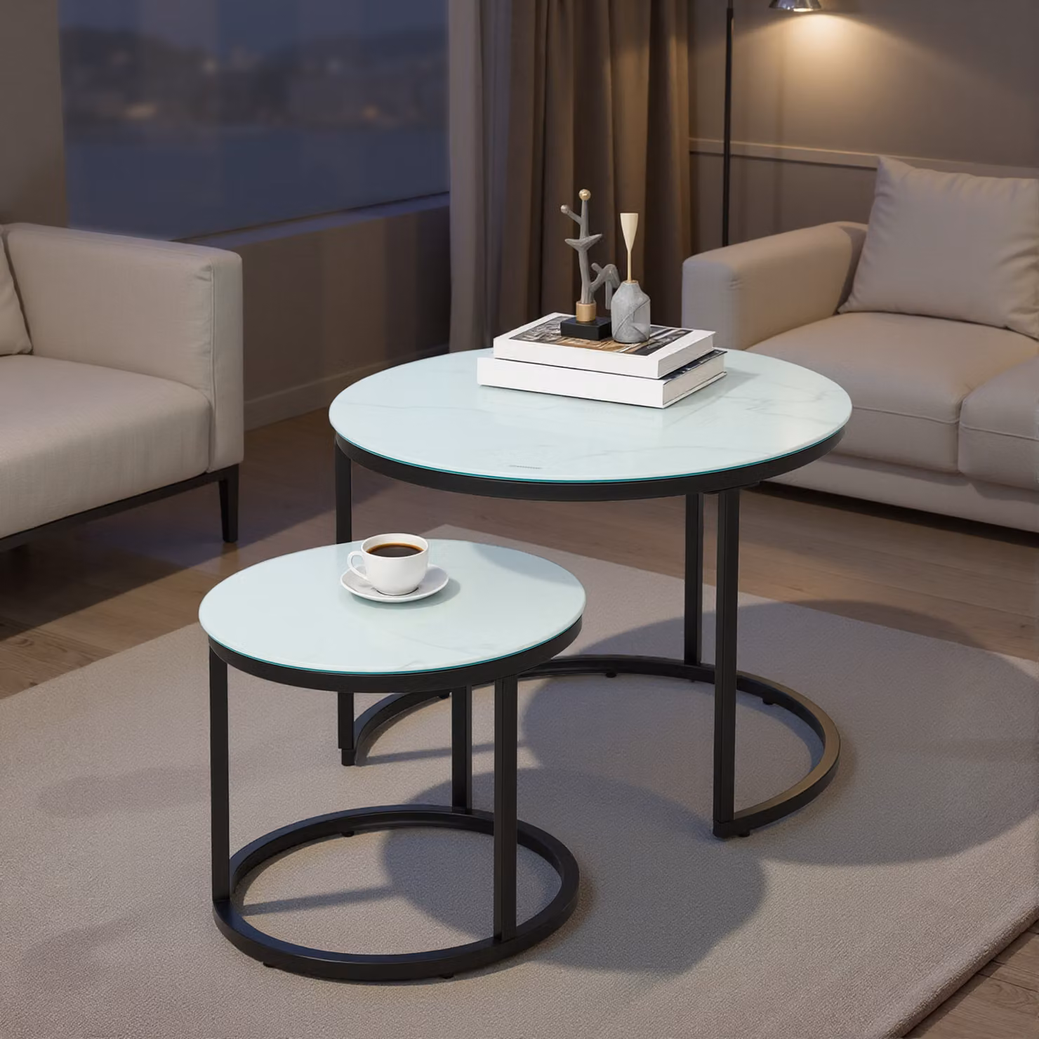 HOMCOM Set of 2 Modern Round Nest of Tables with White Marble-Effect Tempered Glass Tops – 8