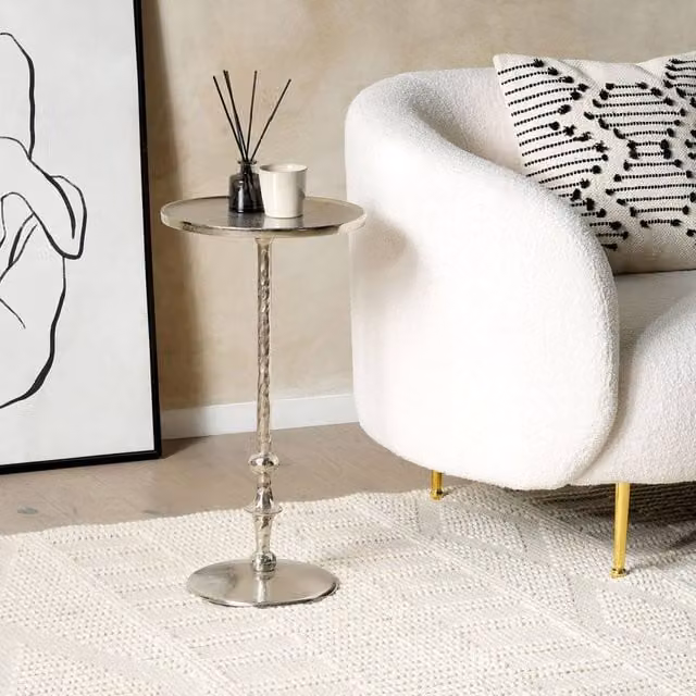 Wyld and Coco Silver Aluminium Round Geometric Side Table, H 61 cm x W 32 cm x D 32 cm