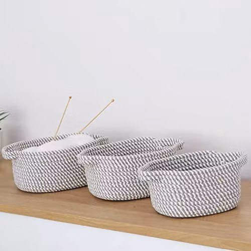 JVL Edison Oval Cotton Rope Storage Basket Set of 3 in Grey and White – 2