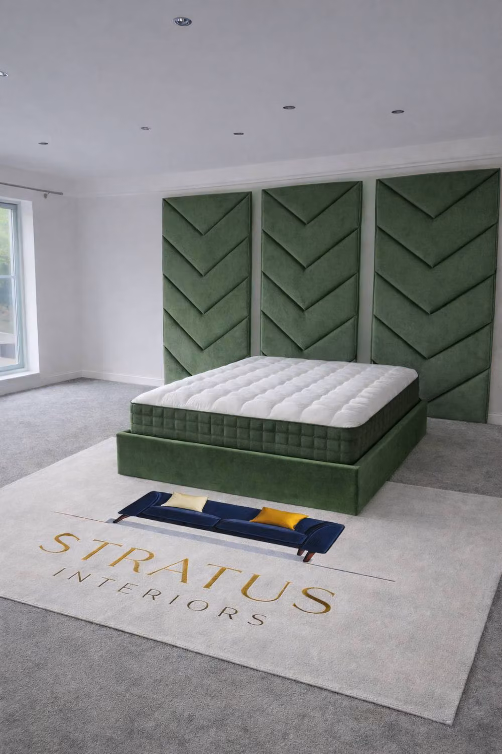 Stratus Interiors Optimus Upholstered Velvet Bed Frame with Chevron Panel Headboard in Green, W/D/H: 135 x 190 cm – 2
