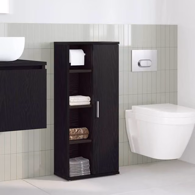 Berkfield Home Durable Black Bathroom Cabinet with Roll Holder, W/D/H: 39 x 22 x 90 cm