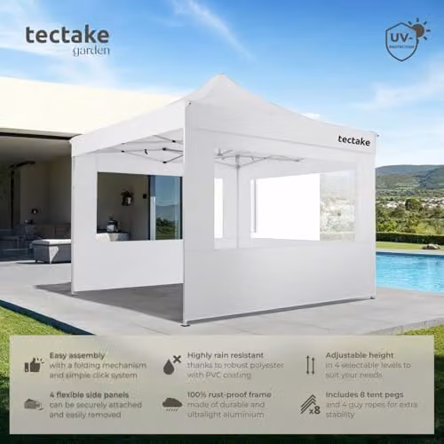 tectake Folding Pop Up Gazebo in White with Aluminium Frame and Side Panels with Windows, W/D/H: 300 x 300 x 280 cm – 2