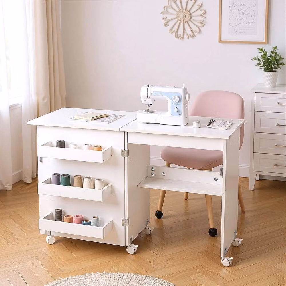 KORVIXA White Folding Sewing Table with Castors and Storage, W/D: 100 x 100 cm – 2