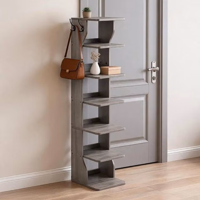 London Boutique Narrow Wooden Shoe Rack and Organiser with Hooks in Grey, W/D/H: 26.5 x 10.0 x 110.0 cm