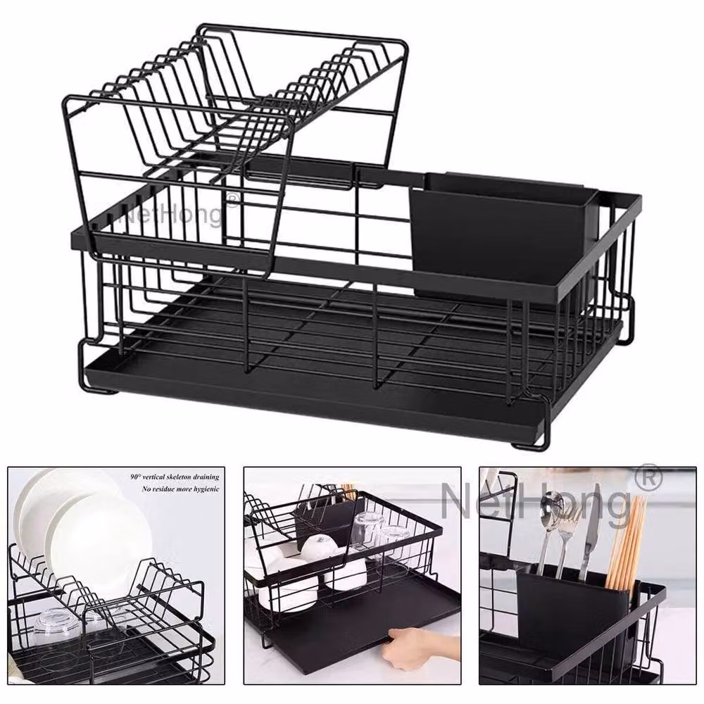KORVIXA Black Large Dish Drainer Rack with Cutlery and Cup Holders – 3