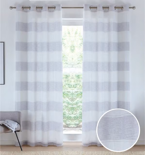 Tyrone Textiles Grey Striped Eyelet Sheer Linen-Look Voile Curtain Panels, Pair, Width: 137 cm