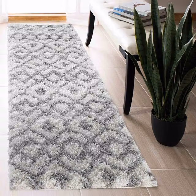Desire Rugs Moroccan Berber Shaggy Runner with Ikat Design in White and Grey, W: 60 cm, L: 220 cm