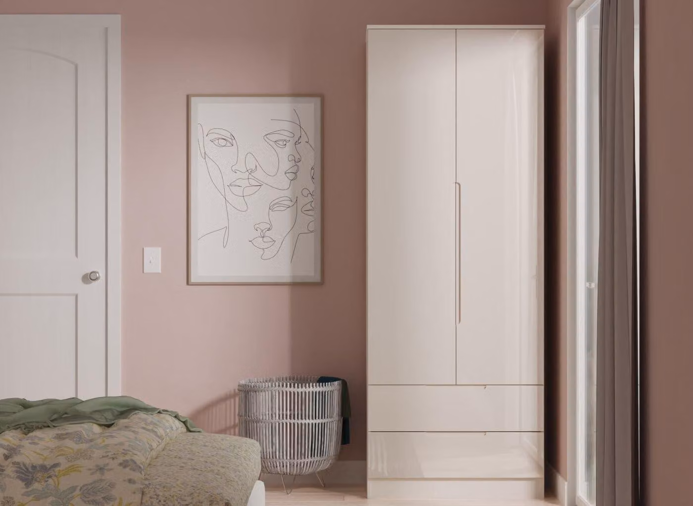 Houston Modern White Glossy 2-Door 2-Drawer Wardrobe with Hanging Rod and Internal Shelves
