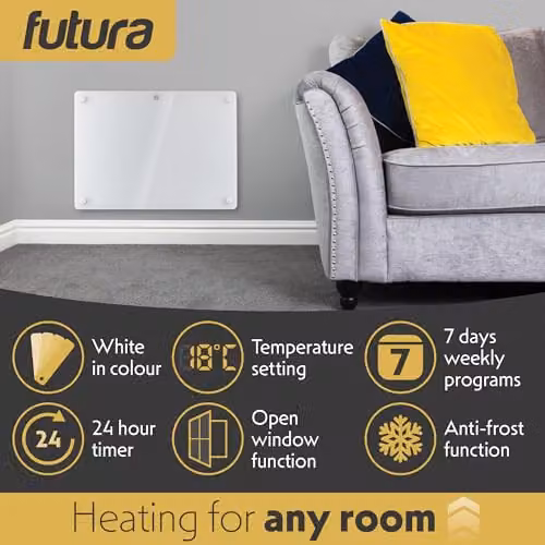 Futura 1000W White Glass Electric Convector Panel Heater, Wall Mounted or Freestanding – 3