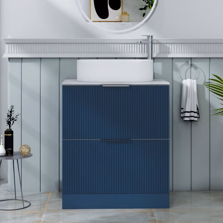 Royal Bathrooms Evora Midnight Blue Fluted Floor Standing Countertop Vanity Unit with 2 Drawers and Peak Basin, W: 70 cm