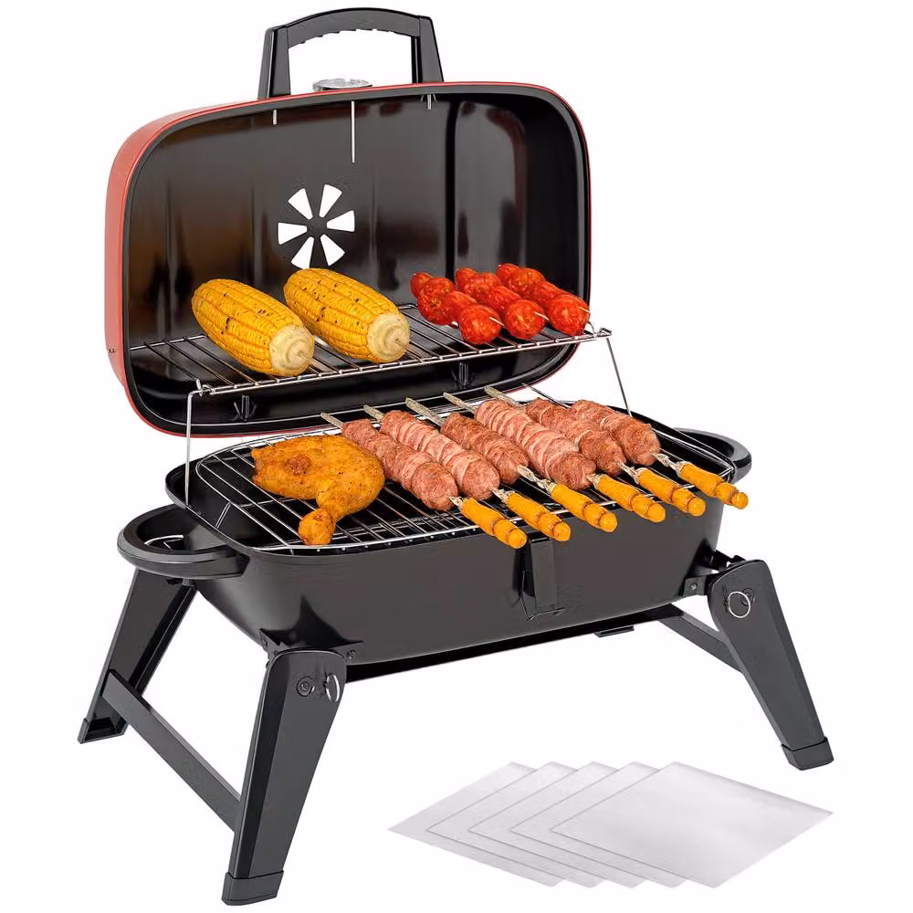 OUTSUNNY Red Folding Charcoal Tabletop Barbecue Grill with Thermometer, W/D/H: 59 x 37 x 36 cm – 2