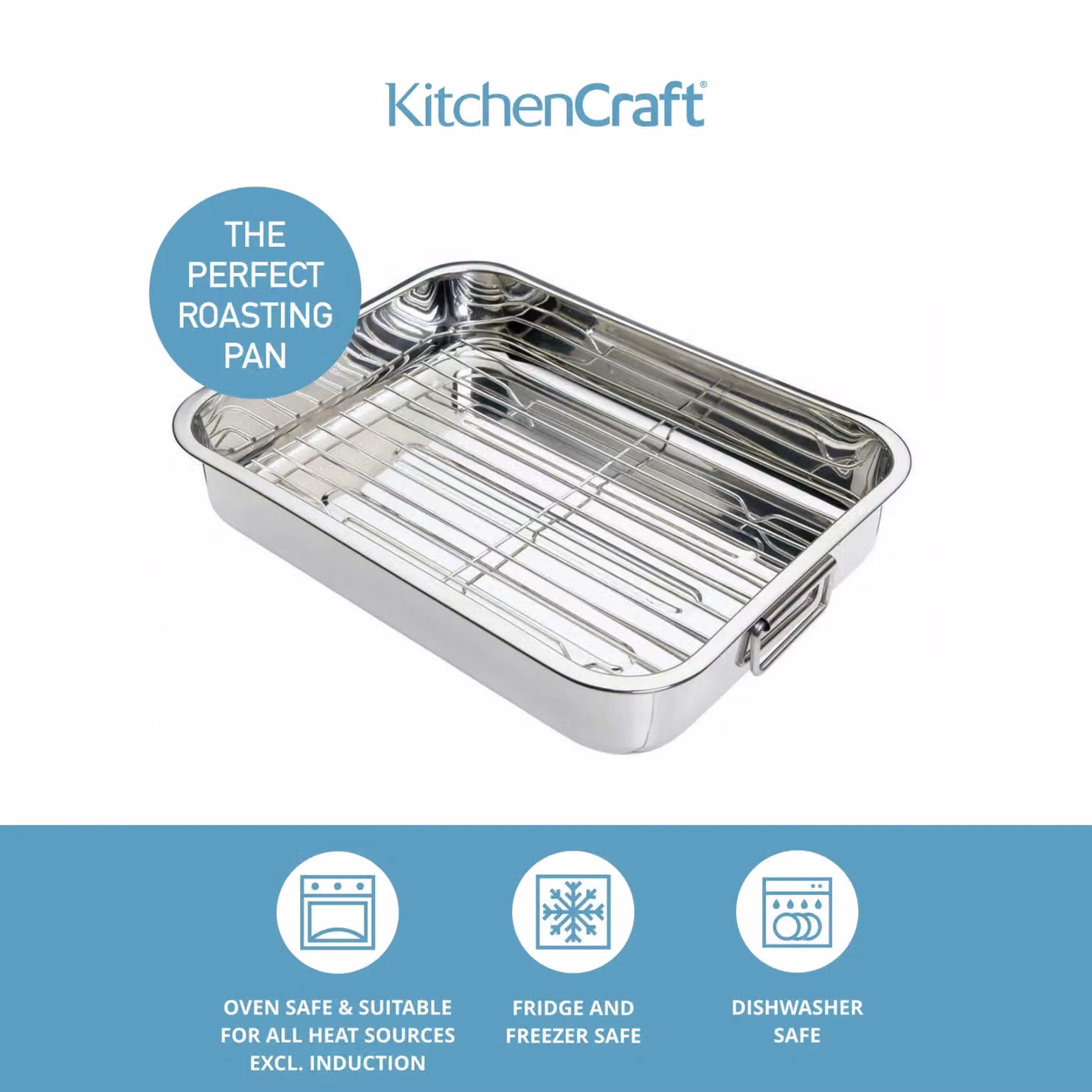 KitchenCraft Stainless Steel Roasting Dish with Rack, Silver, W: 35 cm, D: 28 cm, H: 6.5 cm – 6