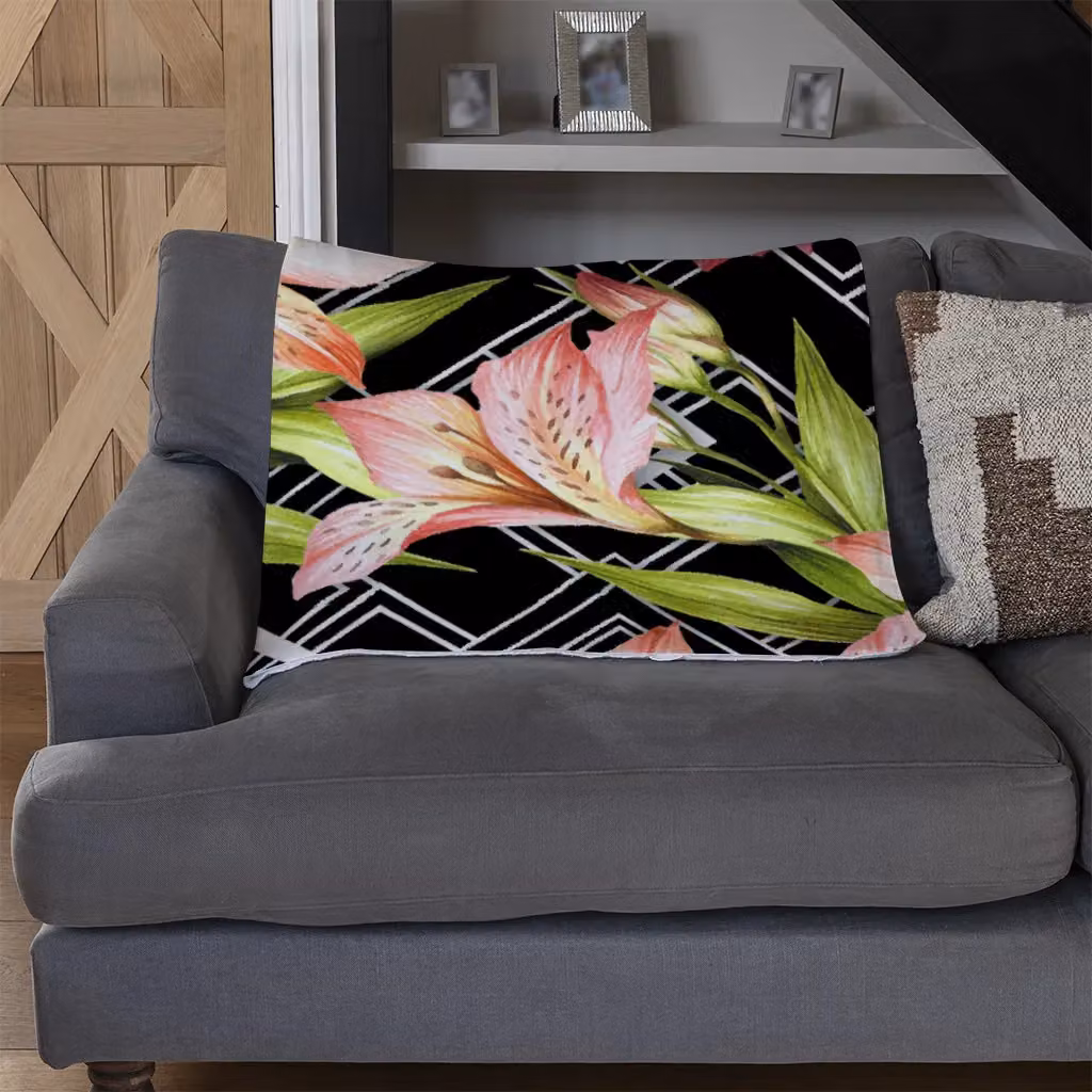 Benjamin Tate Design Bright Plants On Geometric Fleece Blanket in Green, Beige and Multicolour, W/D/H: 120 x 150 cm – 3