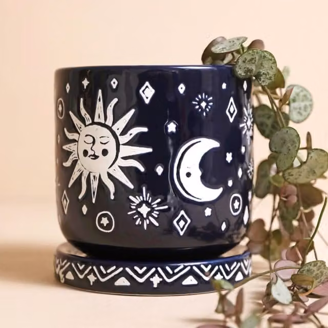 Lisa Angel Blue Ceramic Sun and Moon Tabletop Planter and Tray Set