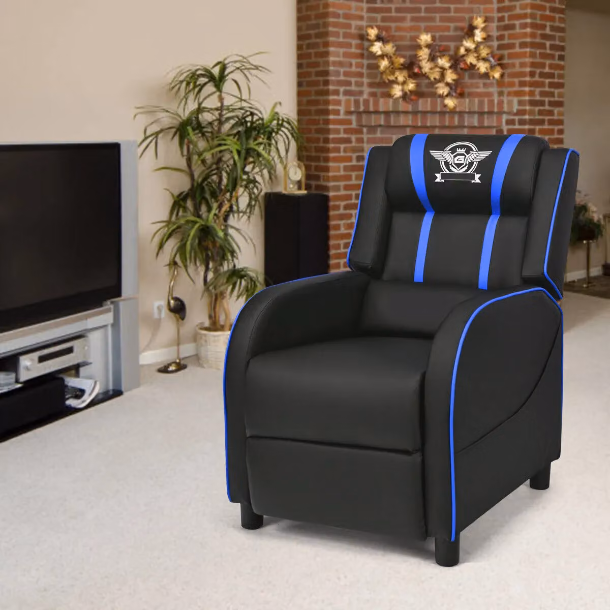 Gymax Blue and Black PU Leather Gaming Chair Recliner Sofa with Footrest, Headrest and Lumbar Cushion – 4