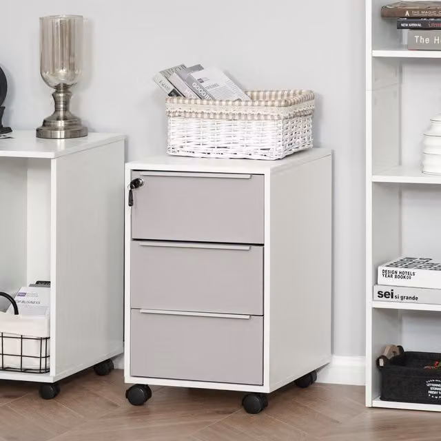 HOMCOM 3-Drawer Locking Mobile File Cabinet with Castors in Grey and White
